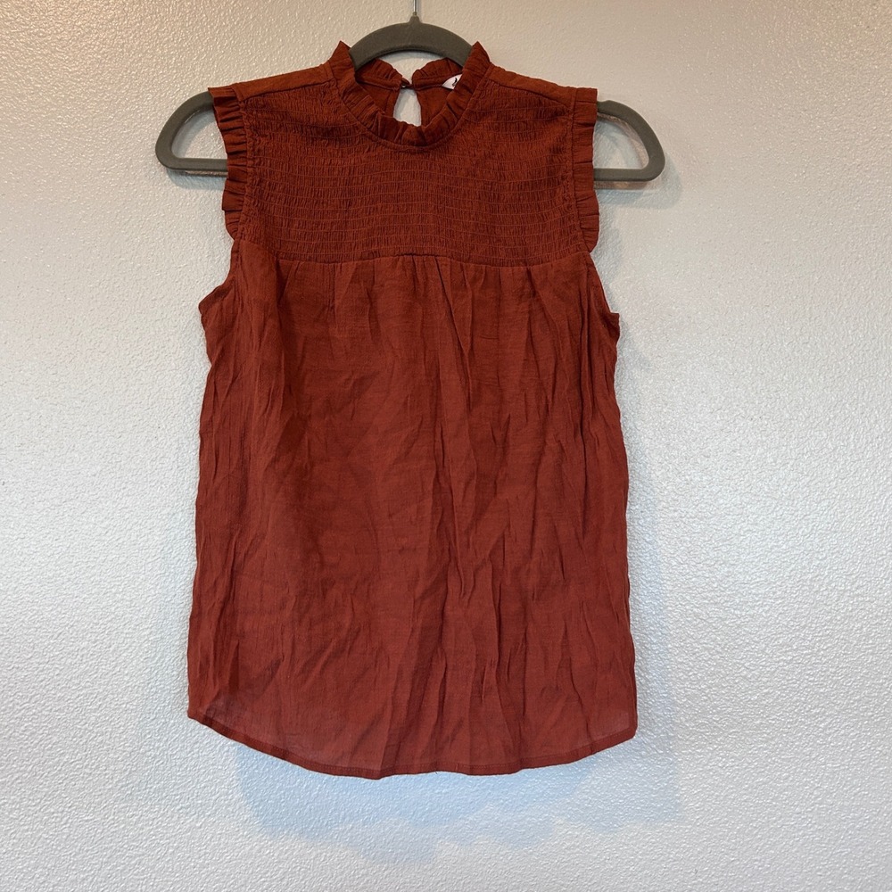 Nanette‎ Lepore Rust Orange Smocked High Neck Ruffle Sleeveless Blouse Small